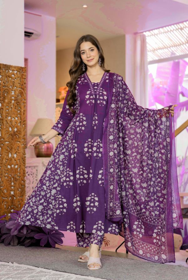 Floral Printed V-Neck Pure Cotton Anarkali Kurta With Trousers & Dupatta