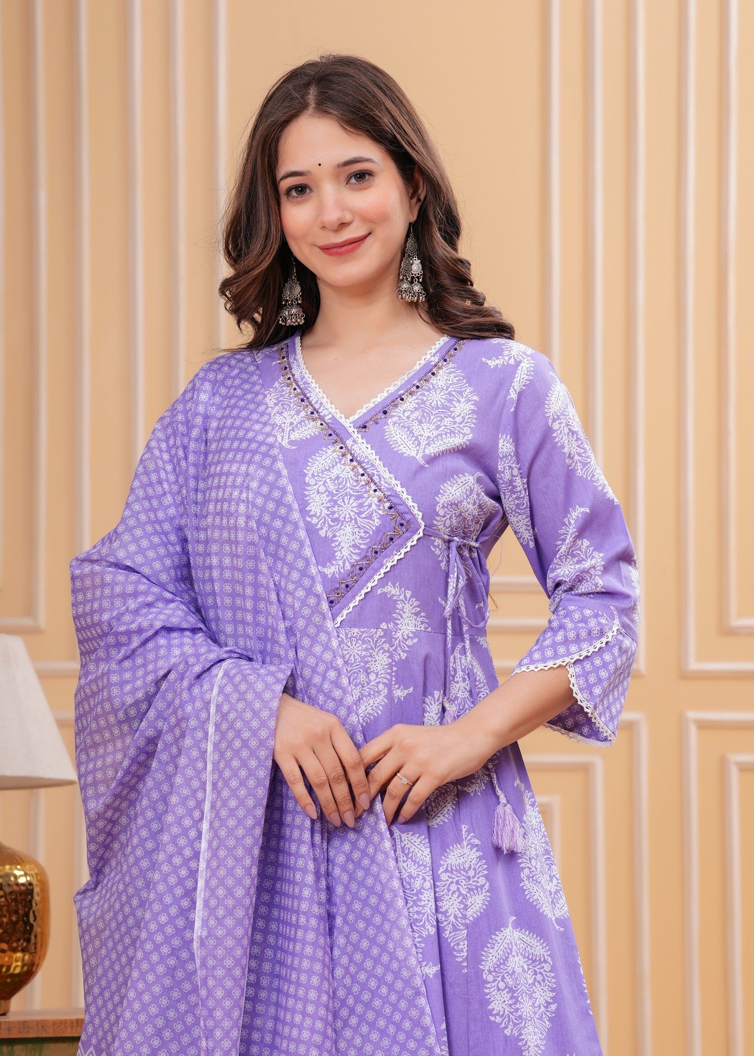 purpal Printed Anarkali Pure Cotton Kurta with Trousers & with Dupatta (Buy 1 Get 1 Free )