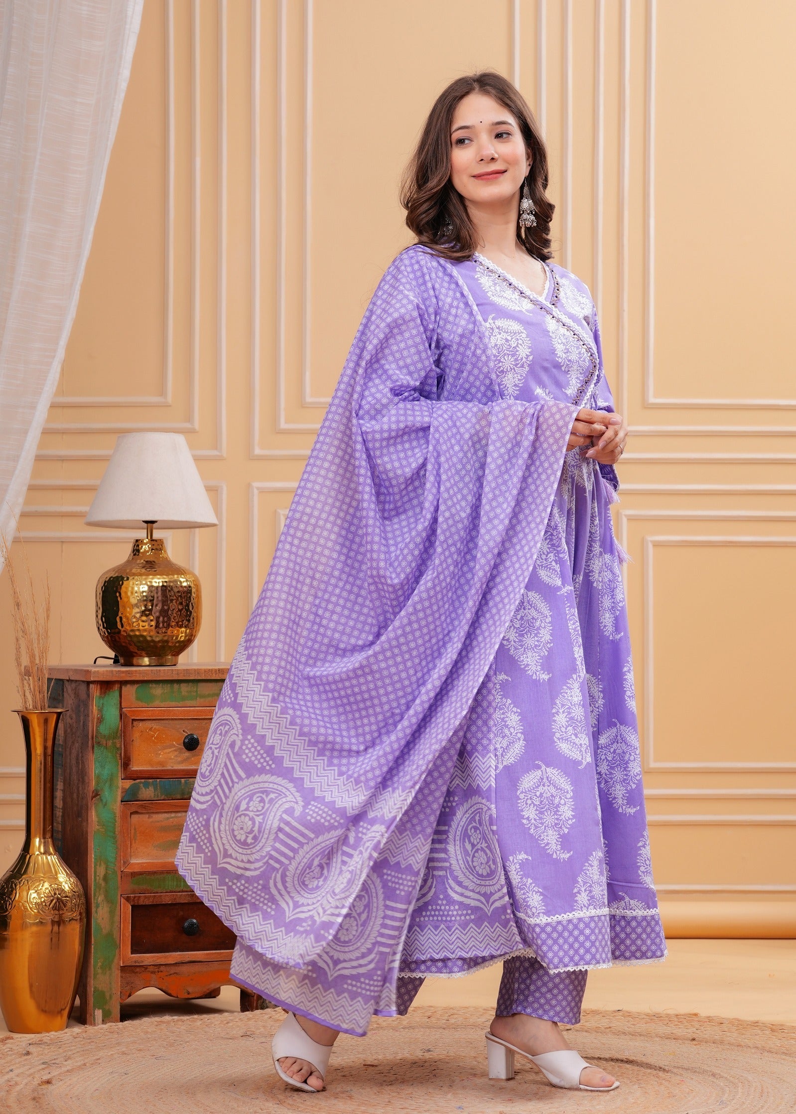 purpal Printed Anarkali Pure Cotton Kurta with Trousers & with Dupatta (Buy 1 Get 1 Free )