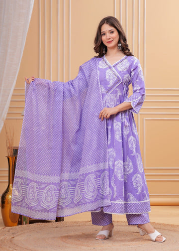 purpal Printed Anarkali Pure Cotton Kurta with Trousers & with Dupatta (Buy 1 Get 1 Free )
