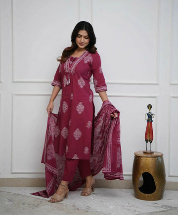 Red Women's Pure Cotton Printed with Handwork Kurta with Pants and Dupatta Set  (Buy 1 Get 1 Free ) (Copy)