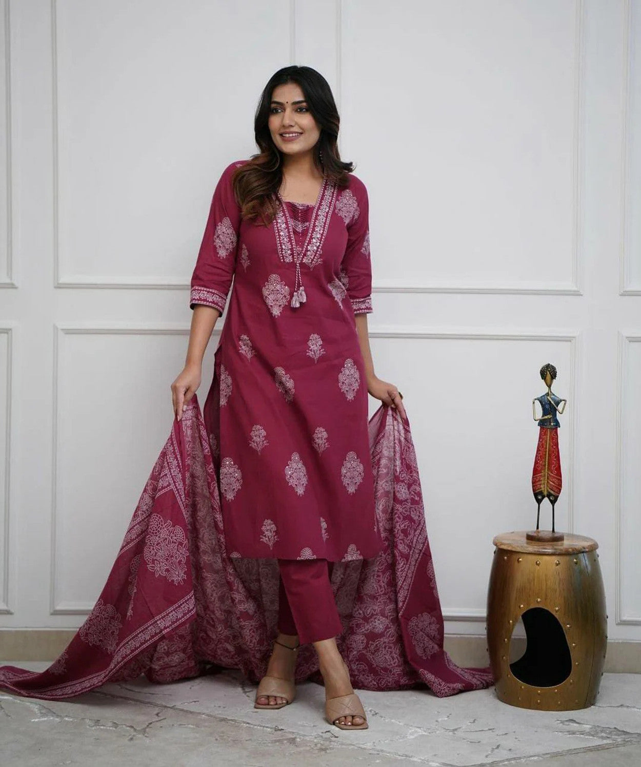 Red Women's Pure Cotton Printed with Handwork Kurta with Pants and Dupatta Set  (Buy 1 Get 1 Free ) (Copy)