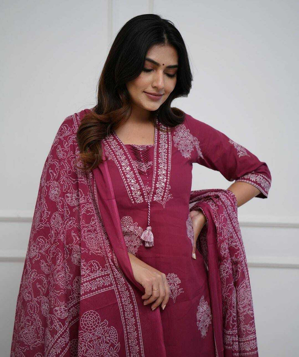 Red Women's Pure Cotton Printed with Handwork Kurta with Pants and Dupatta Set  (Buy 1 Get 1 Free ) (Copy)