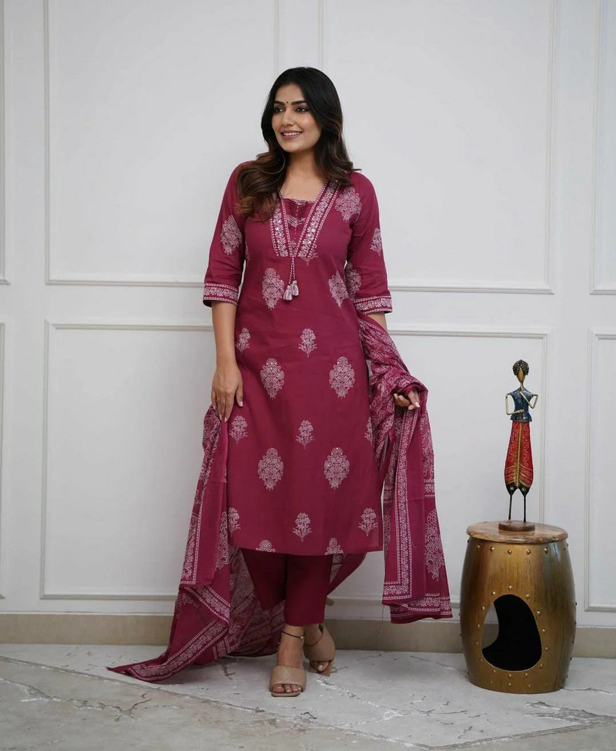 Red Women's Pure Cotton Printed with Handwork Kurta with Pants and Dupatta Set  (Buy 1 Get 1 Free ) (Copy)