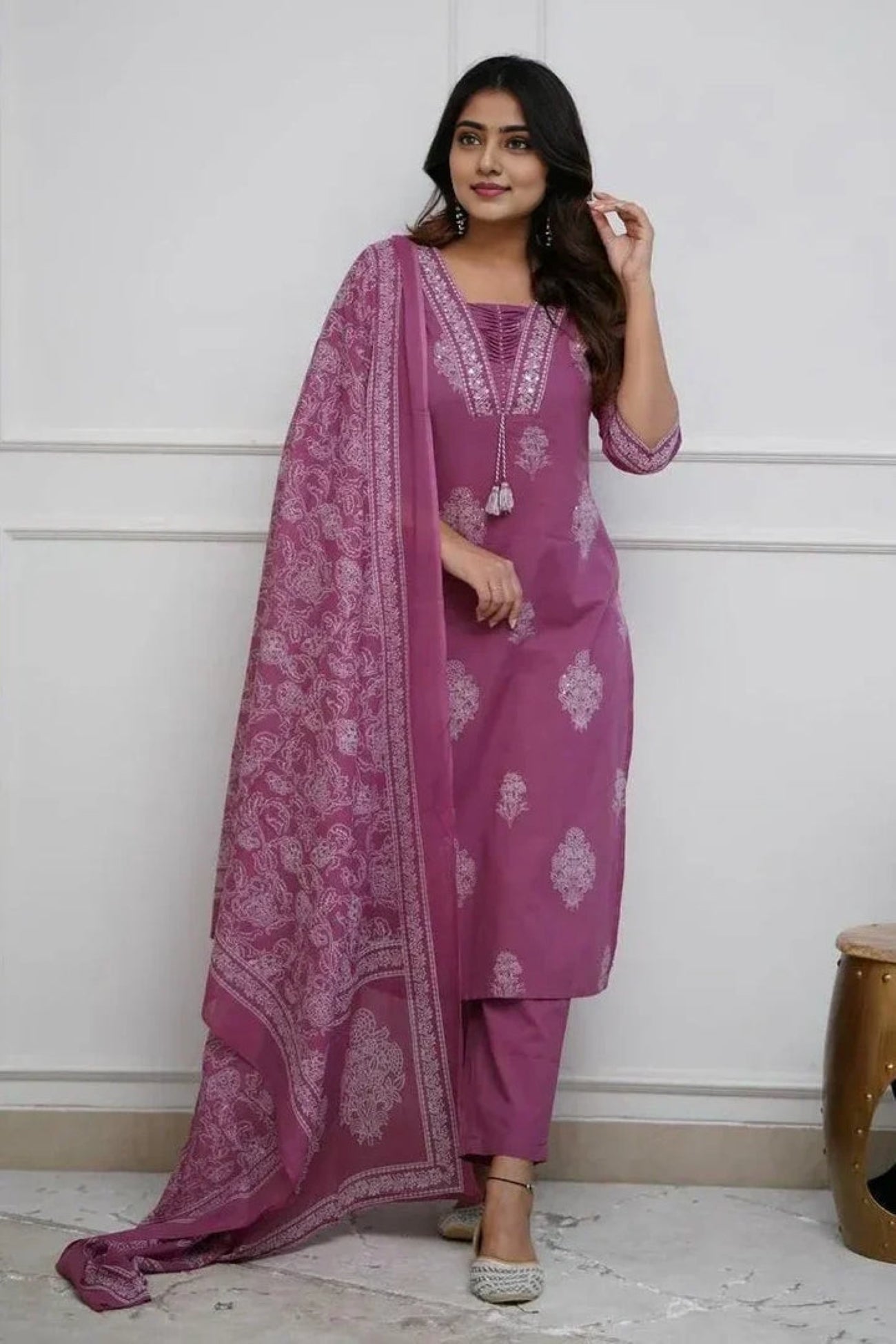dark pink Women's Pure Cotton Printed with Handwork Kurta with Pants and Dupatta Set  (Buy 1 Get 1 Free ) (Copy) (Copy) (Copy)
