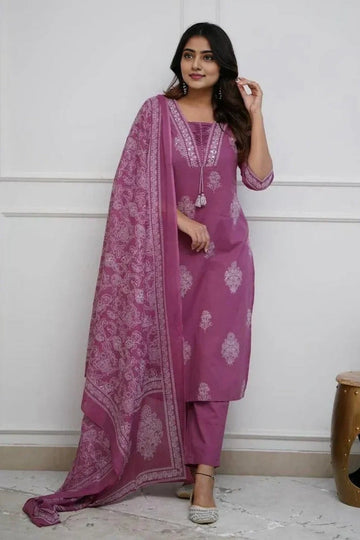 dark pink Women's Pure Cotton Printed with Handwork Kurta with Pants and Dupatta Set  (Buy 1 Get 1 Free ) (Copy) (Copy) (Copy)