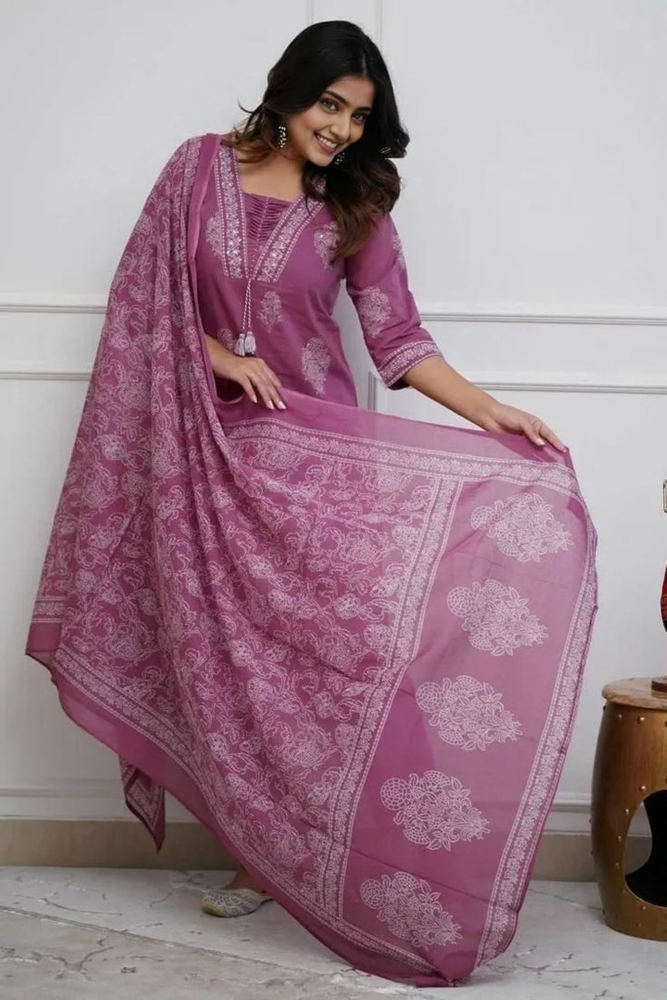 dark pink Women's Pure Cotton Printed with Handwork Kurta with Pants and Dupatta Set  (Buy 1 Get 1 Free ) (Copy) (Copy) (Copy)