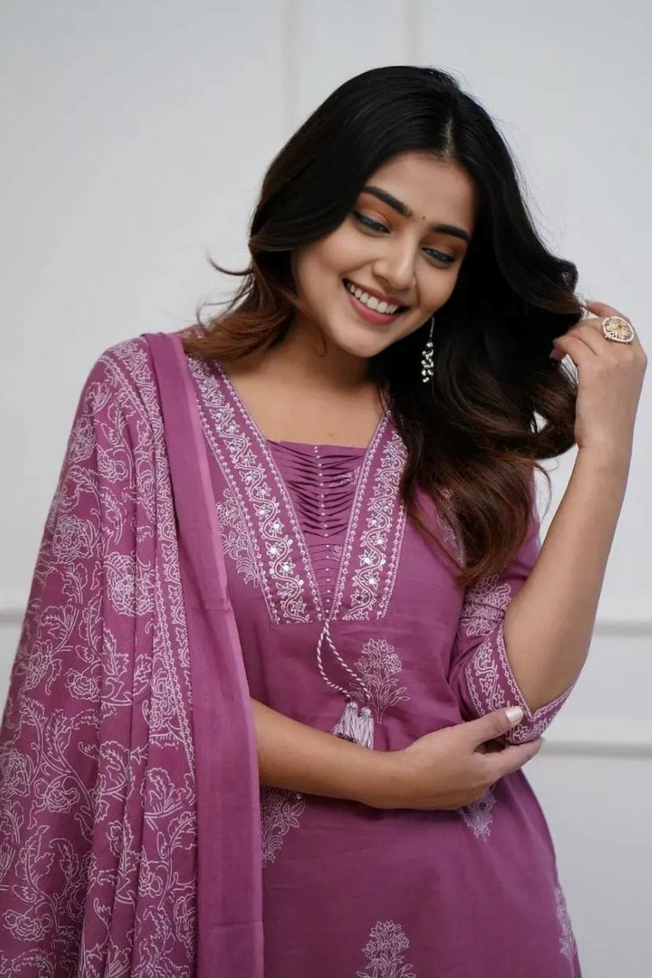 dark pink Women's Pure Cotton Printed with Handwork Kurta with Pants and Dupatta Set  (Buy 1 Get 1 Free ) (Copy) (Copy) (Copy)