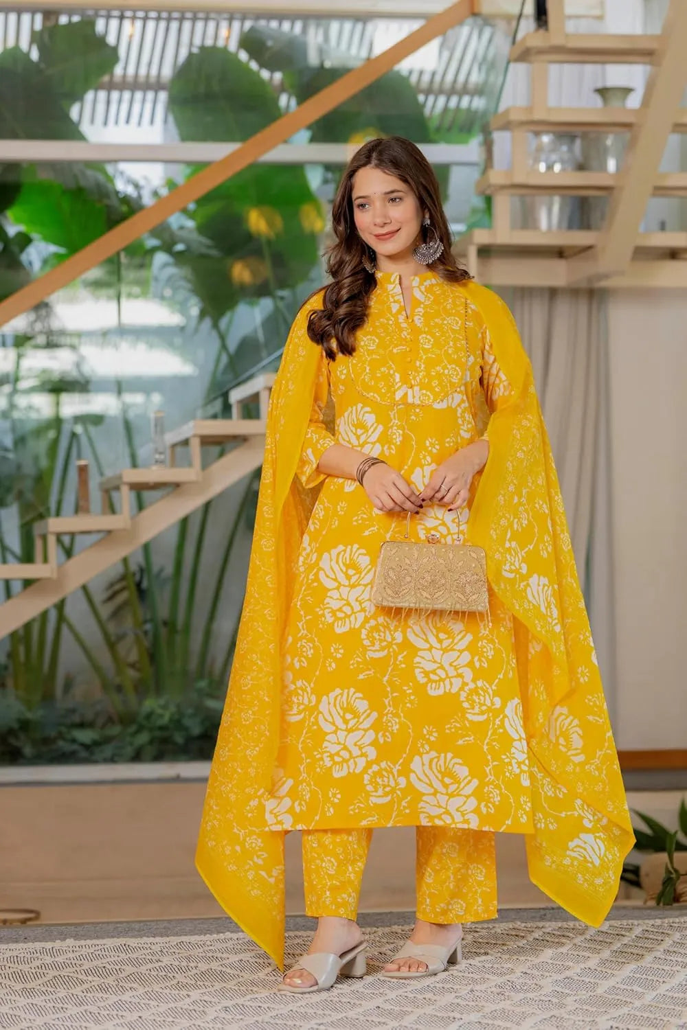 Floral Printed Pure Cotton Mandarin Collar Kurta With Palazzos & Dupatta (Buy 1 Get 1 Free )
