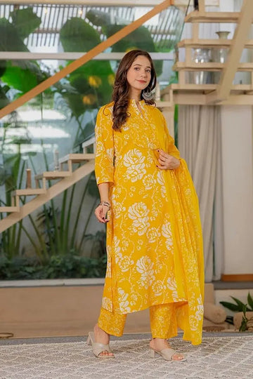 Floral Printed Pure Cotton Mandarin Collar Kurta With Palazzos & Dupatta (Buy 1 Get 1 Free )