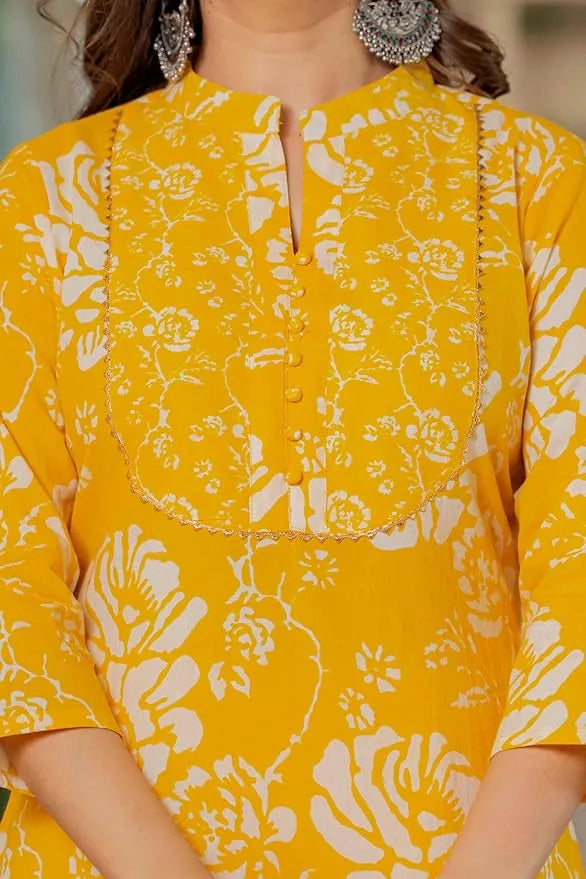 Floral Printed Pure Cotton Mandarin Collar Kurta With Palazzos & Dupatta (Buy 1 Get 1 Free )