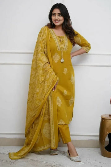 Women's Pure Cotton Printed with Handwork Kurta with Pants and Dupatta Set  (Buy 1 Get 1 Free )