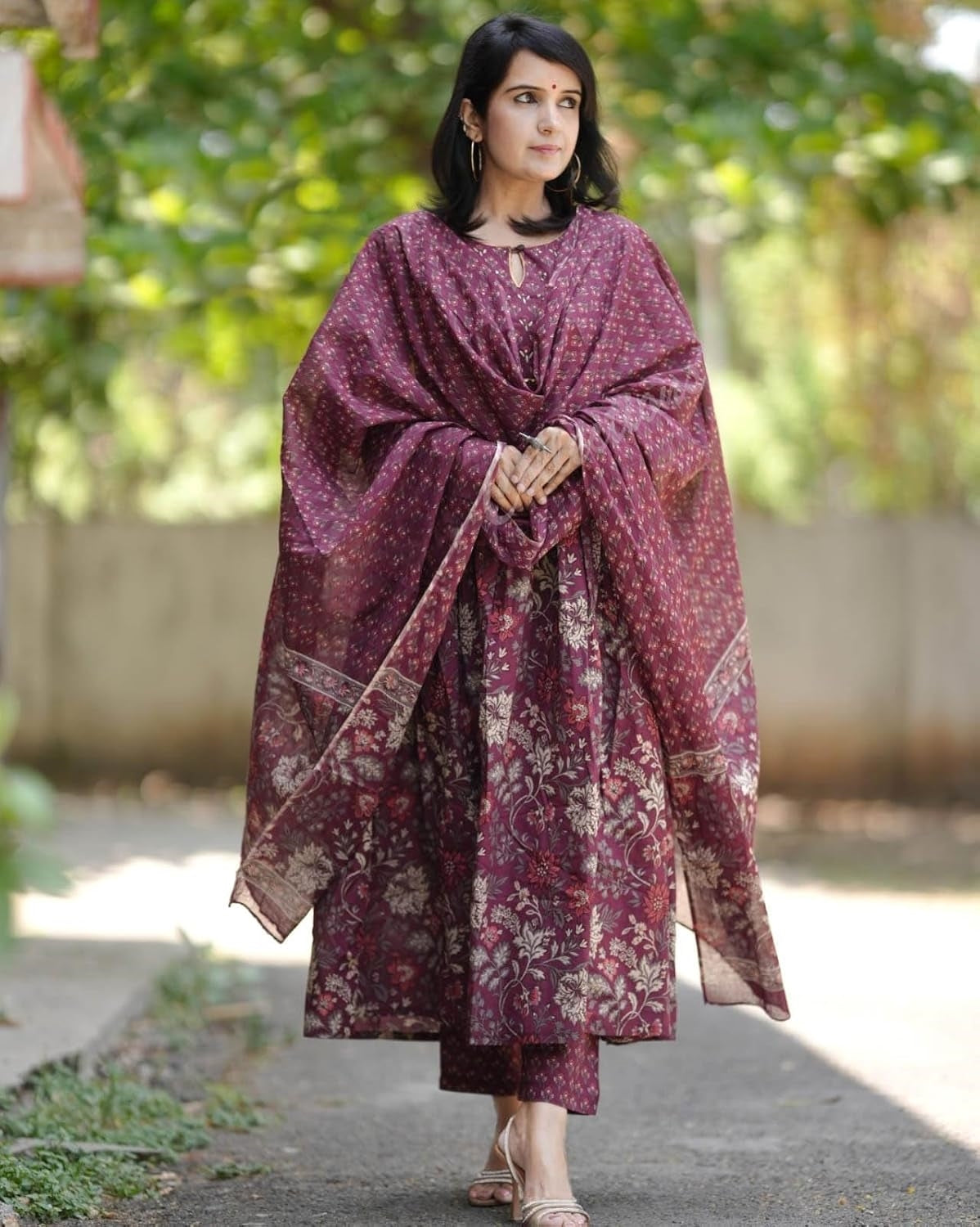 Floral Printed Notch Neck Pure Cotton Kurta With Trousers And Dupatta