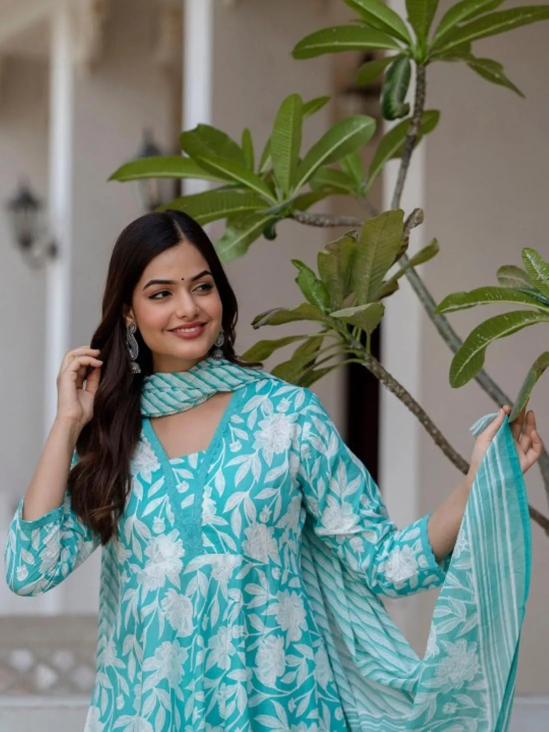 Women's Printed Cotton Anarkali Kurta & Pant With Dupatta Set