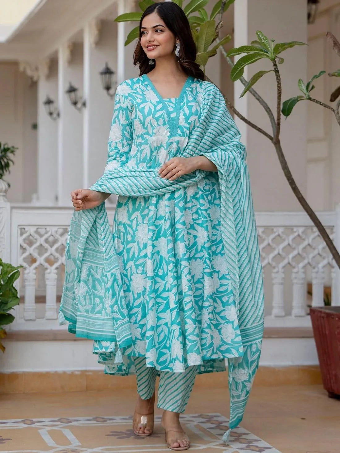 Women's Printed Cotton Anarkali Kurta & Pant With Dupatta Set