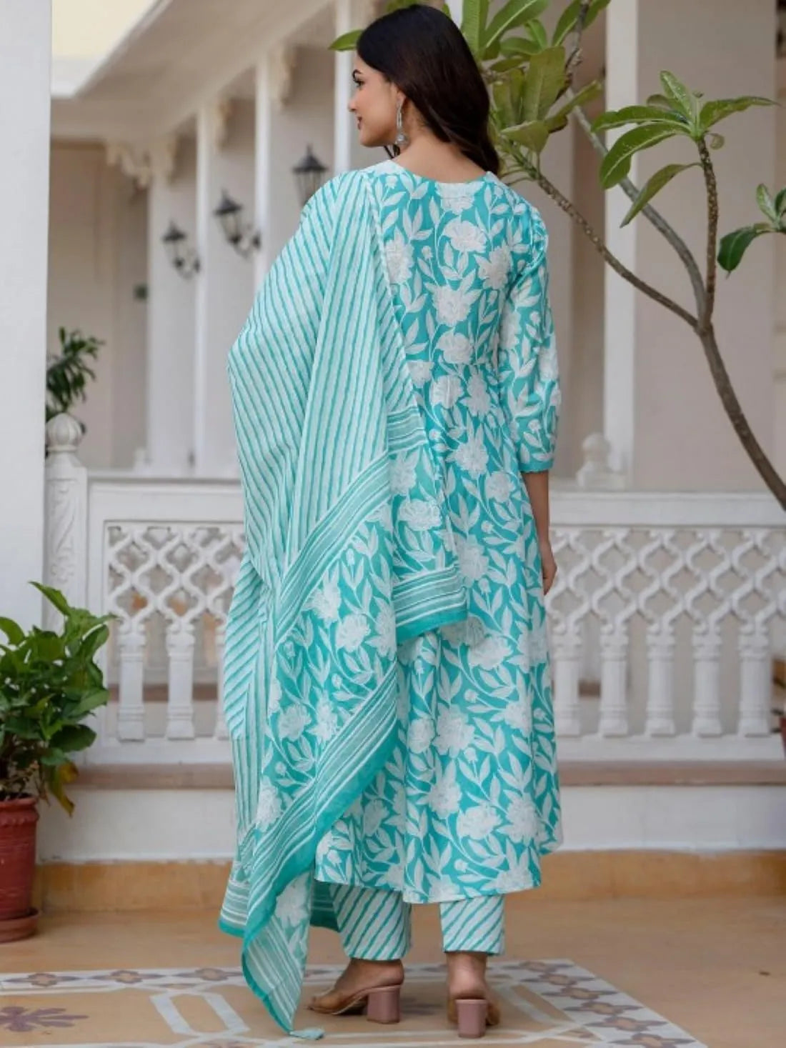 Women's Printed Cotton Anarkali Kurta & Pant With Dupatta Set