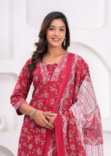 Red Floral Printed Sequunied V-Neck Pure Cotton Straight Kurta With Trousers & Dupatta(Buy 1 Get 1 Free )