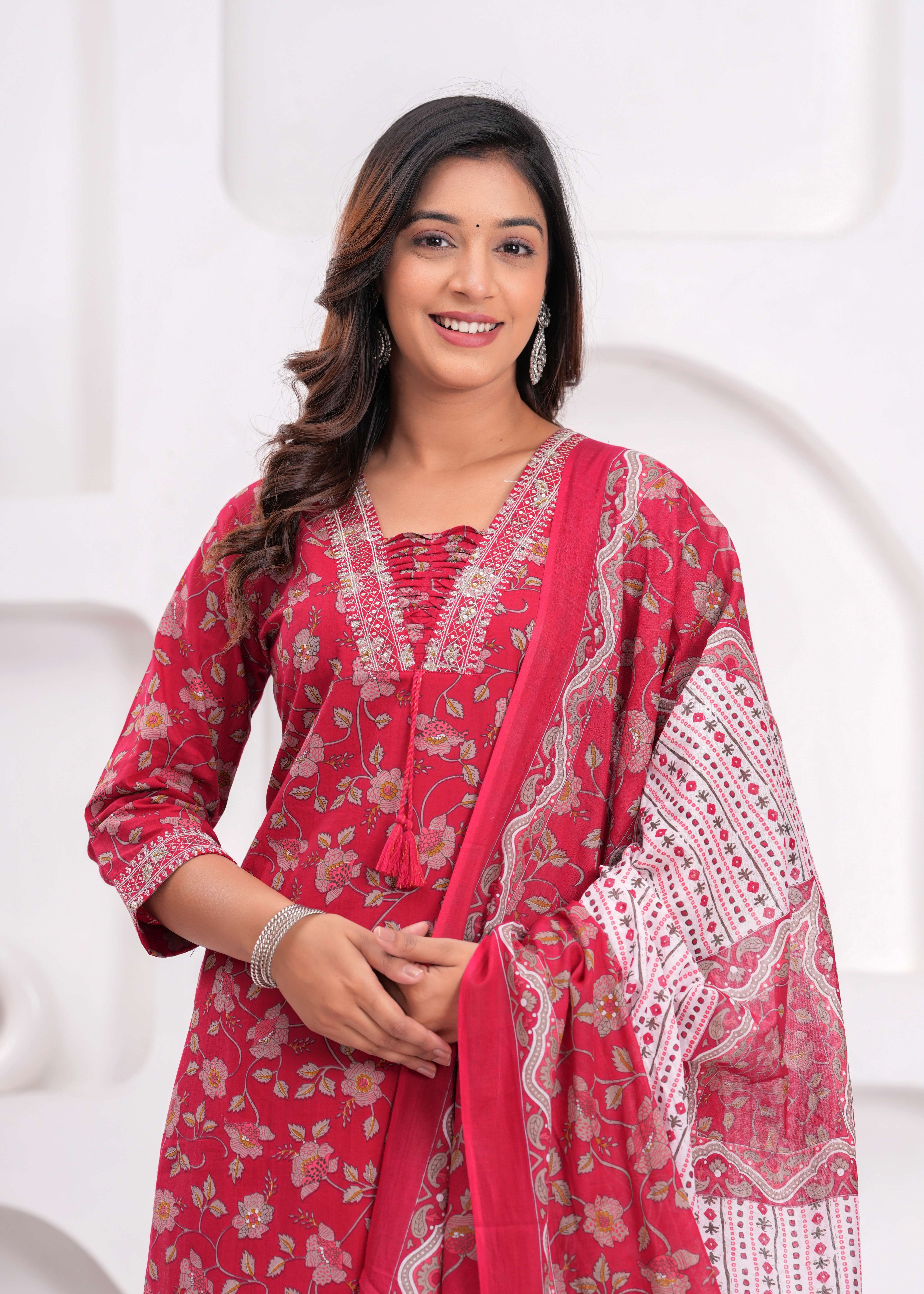 Red Floral Printed Sequunied V-Neck Pure Cotton Straight Kurta With Trousers & Dupatta(Buy 1 Get 1 Free )