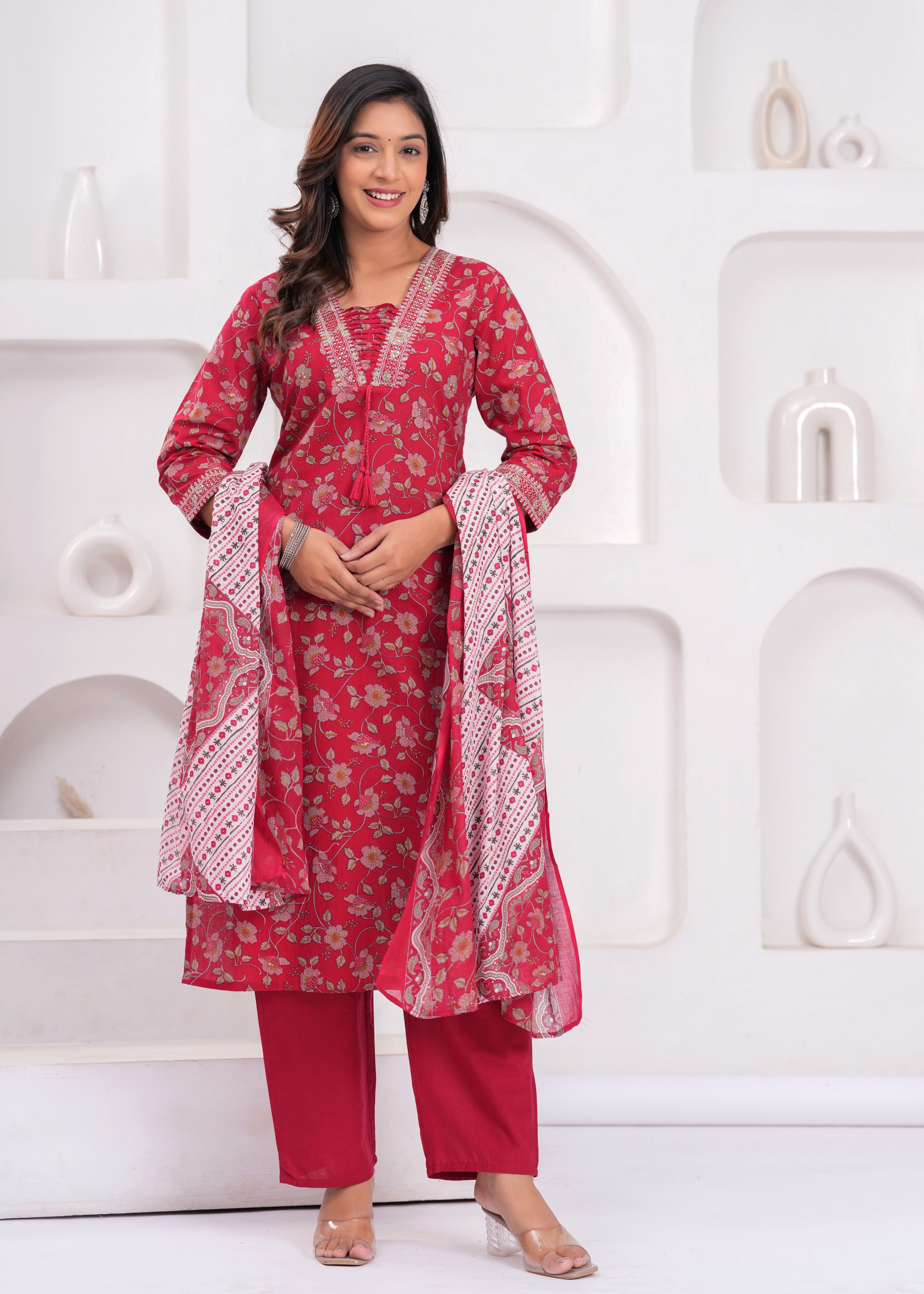Red Floral Printed Sequunied V-Neck Pure Cotton Straight Kurta With Trousers & Dupatta(Buy 1 Get 1 Free )