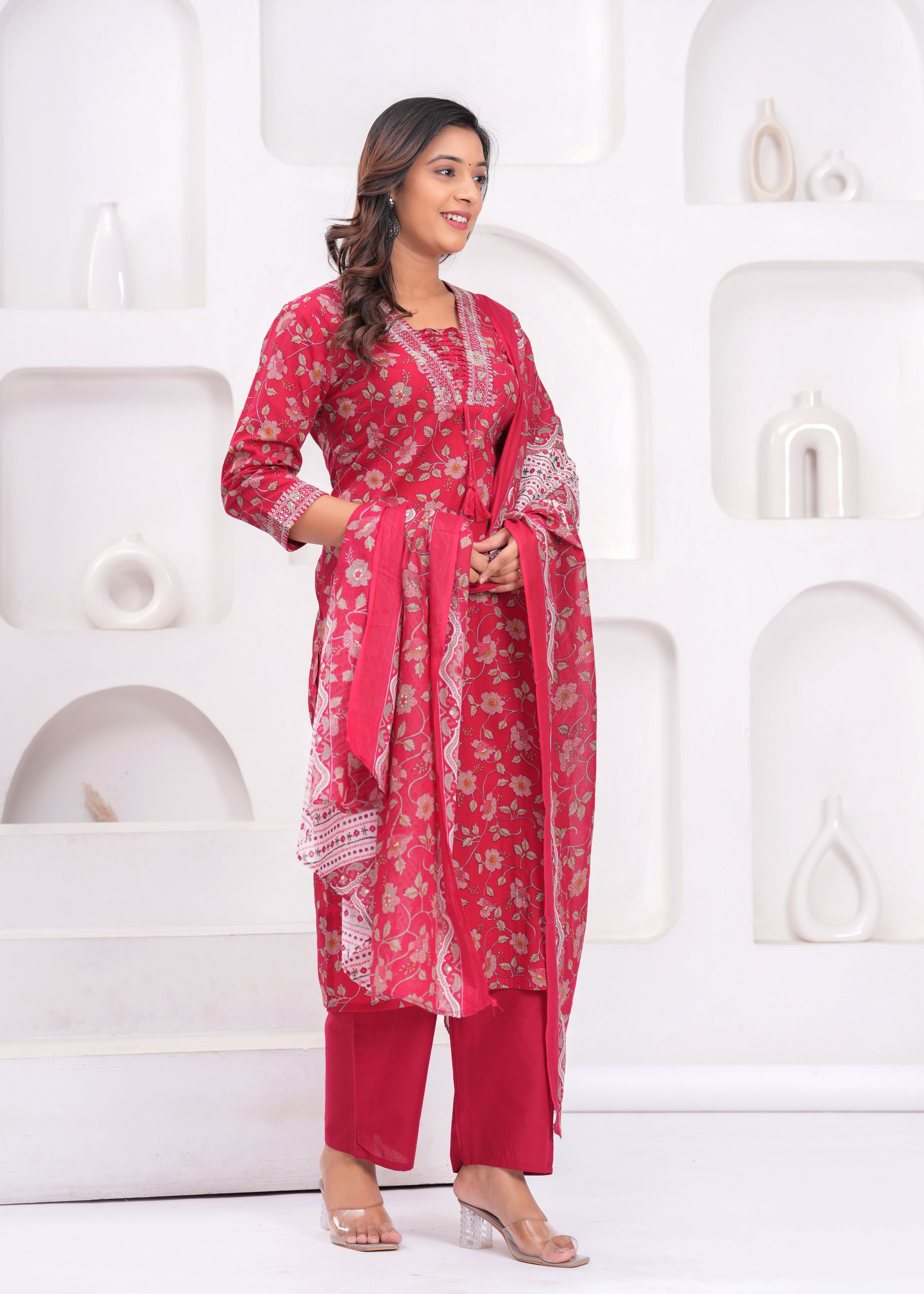 Red Floral Printed Sequunied V-Neck Pure Cotton Straight Kurta With Trousers & Dupatta(Buy 1 Get 1 Free )