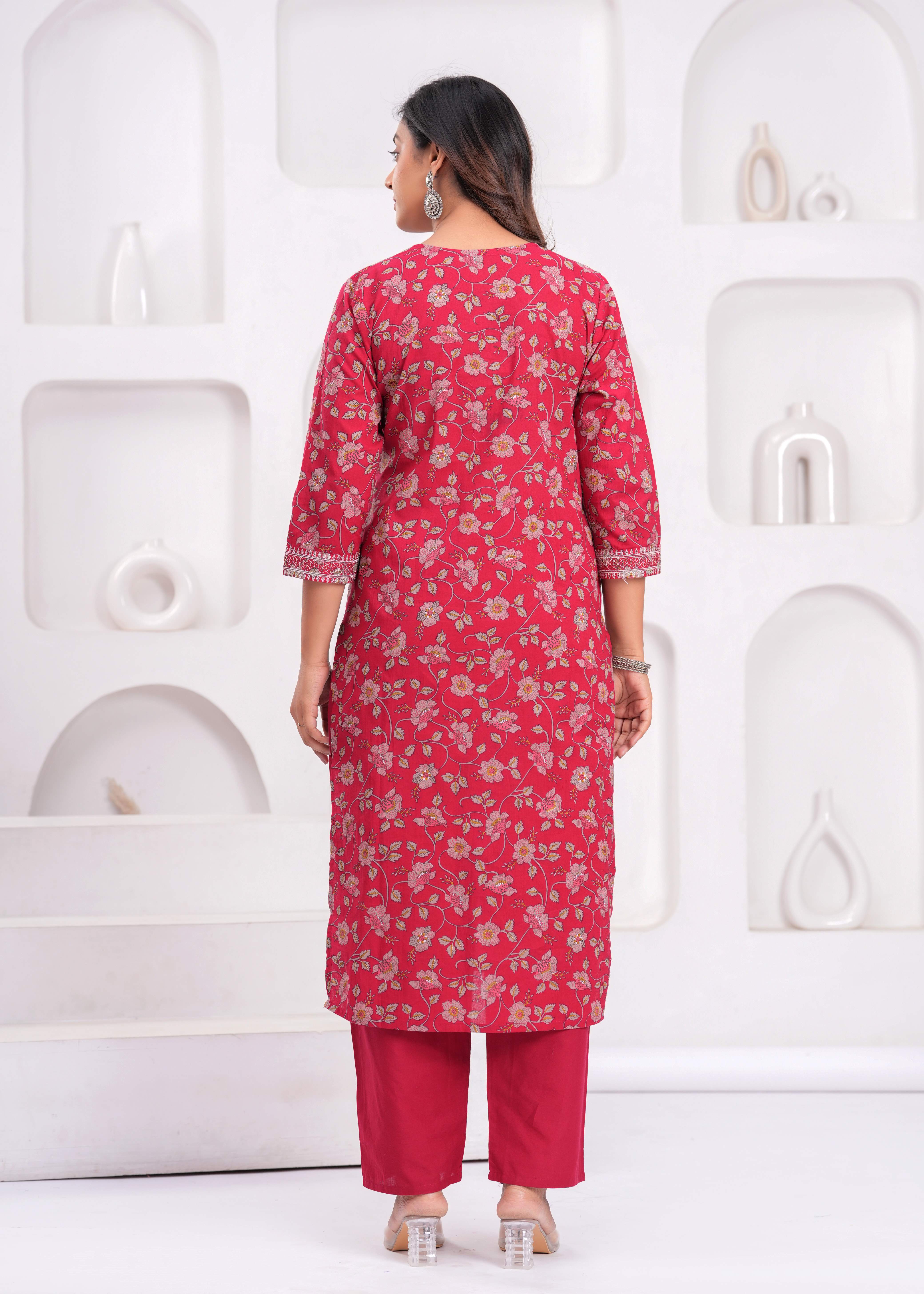 Red Floral Printed Sequunied V-Neck Pure Cotton Straight Kurta With Trousers & Dupatta(Buy 1 Get 1 Free )