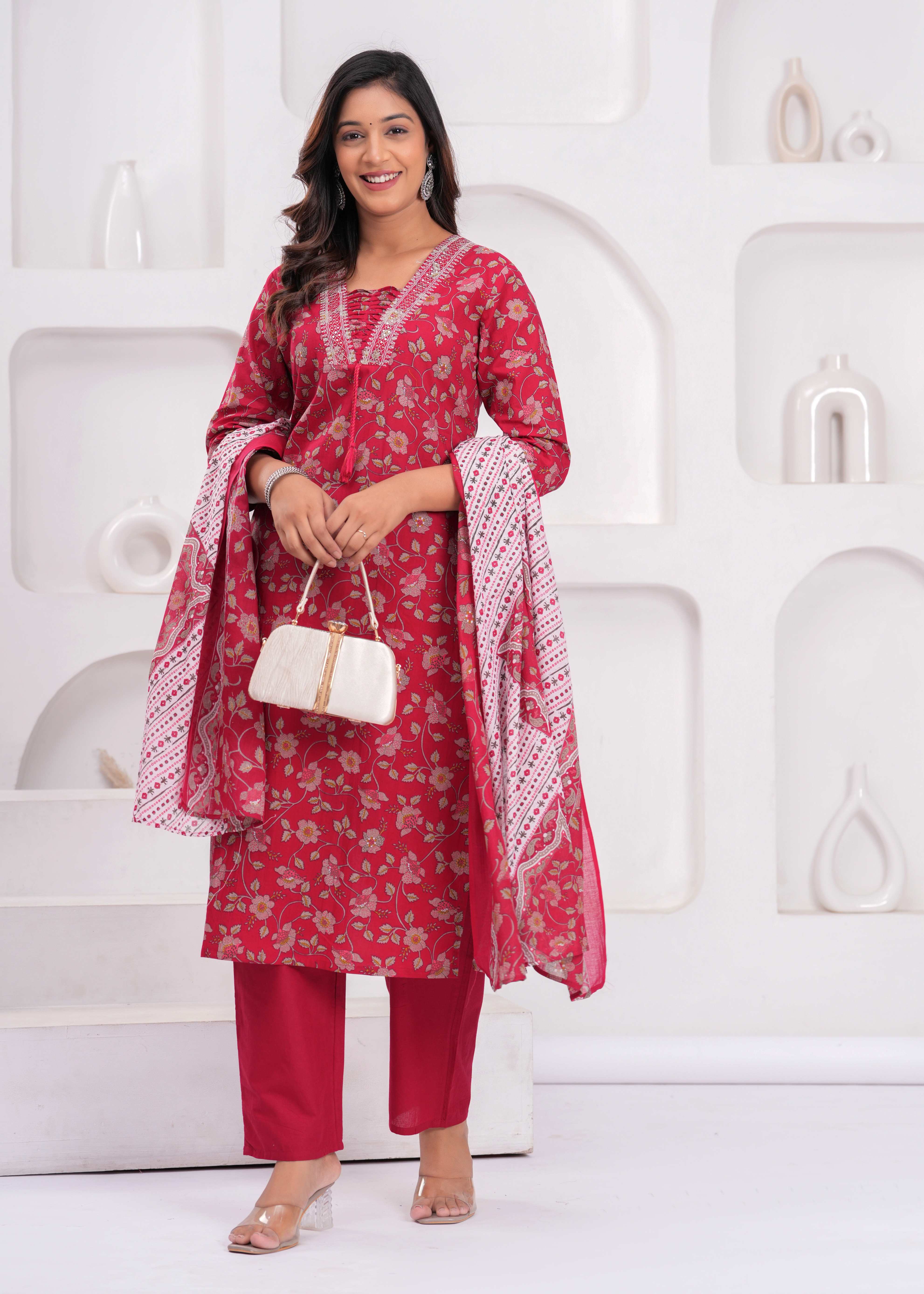 Red Floral Printed Sequunied V-Neck Pure Cotton Straight Kurta With Trousers & Dupatta(Buy 1 Get 1 Free )