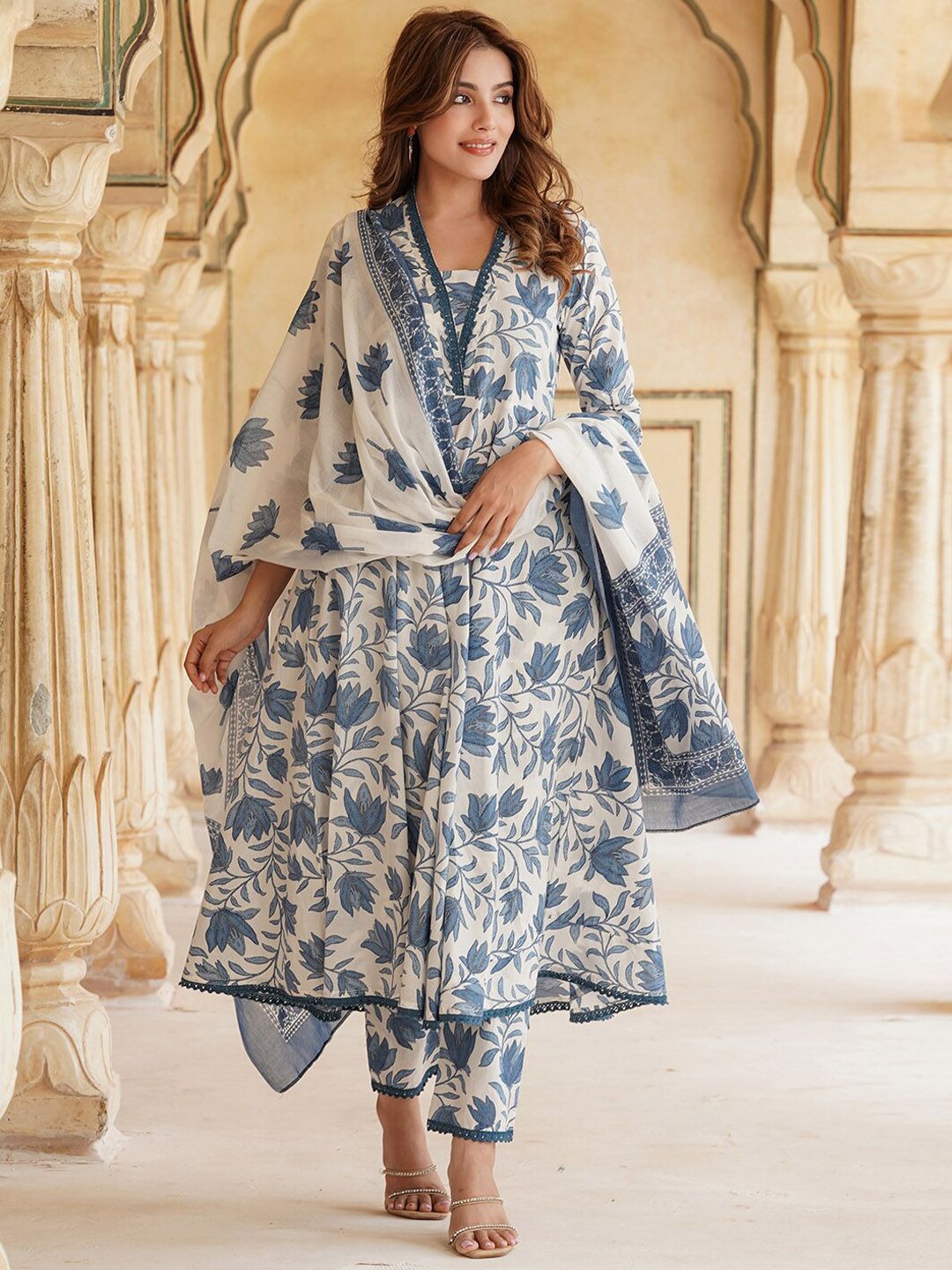 PARTHVI Women's Printed Anarkali Kurta With Palazzo & Dupatta Set