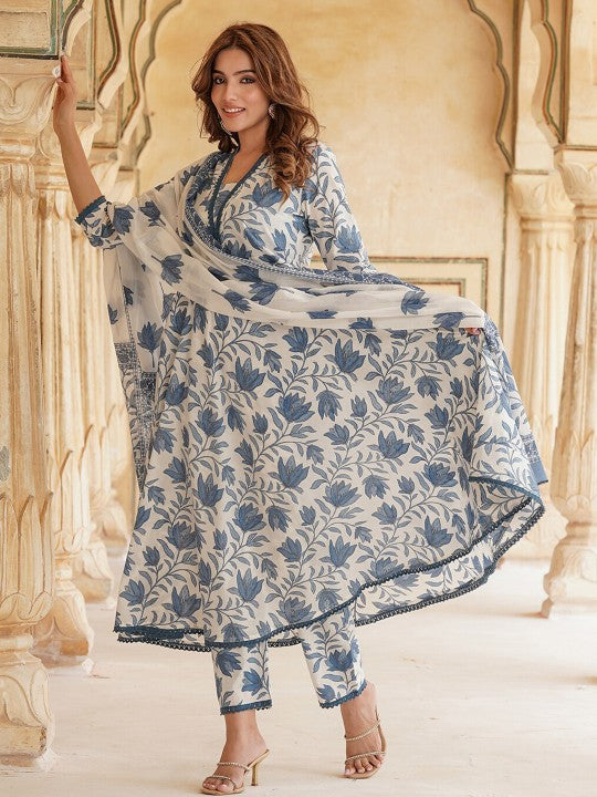 PARTHVI Women's Printed Anarkali Kurta With Palazzo & Dupatta Set