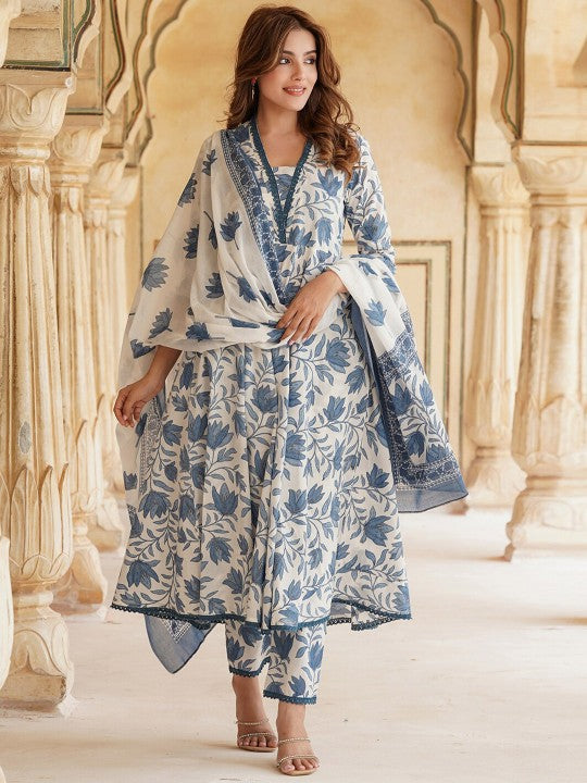 PARTHVI Women's Printed Anarkali Kurta With Palazzo & Dupatta Set
