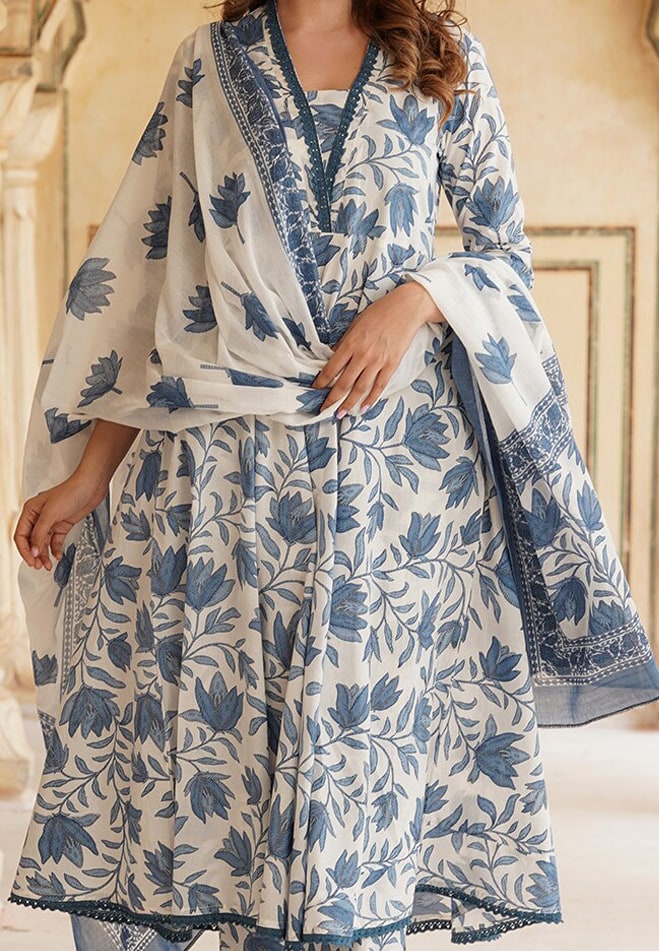 PARTHVI Women's Printed Anarkali Kurta With Palazzo & Dupatta Set