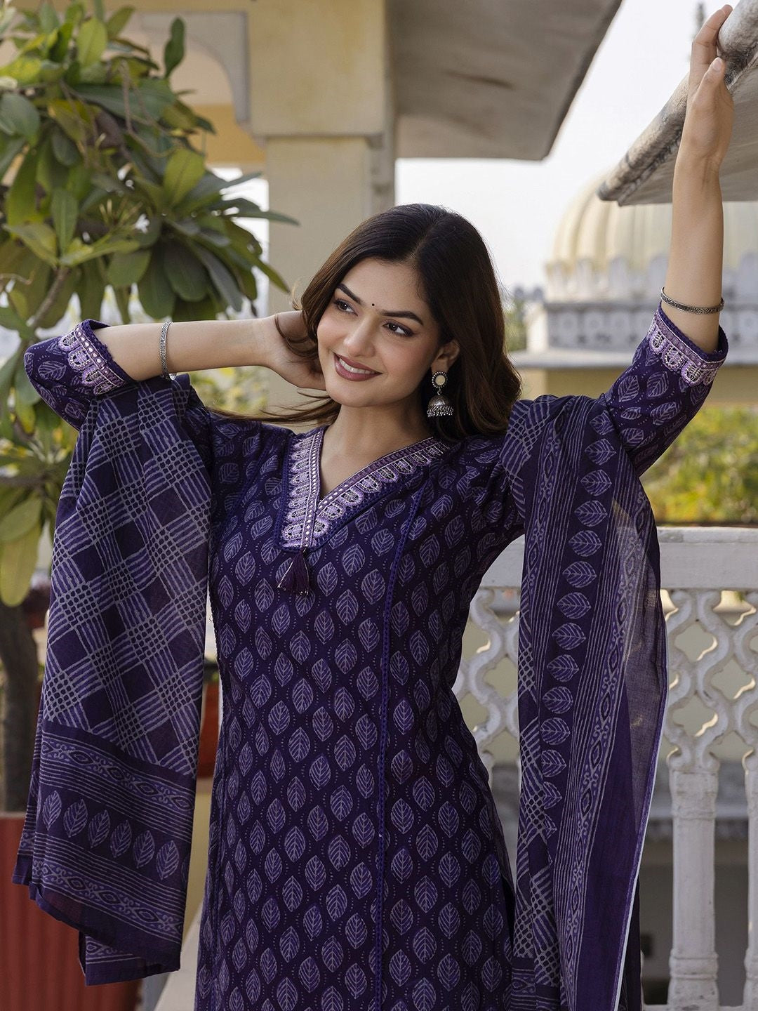 Women's Pure Cotton Printed Handwork Kurta with Pants & Dupatta Set (Buy 1 Get 1 Free