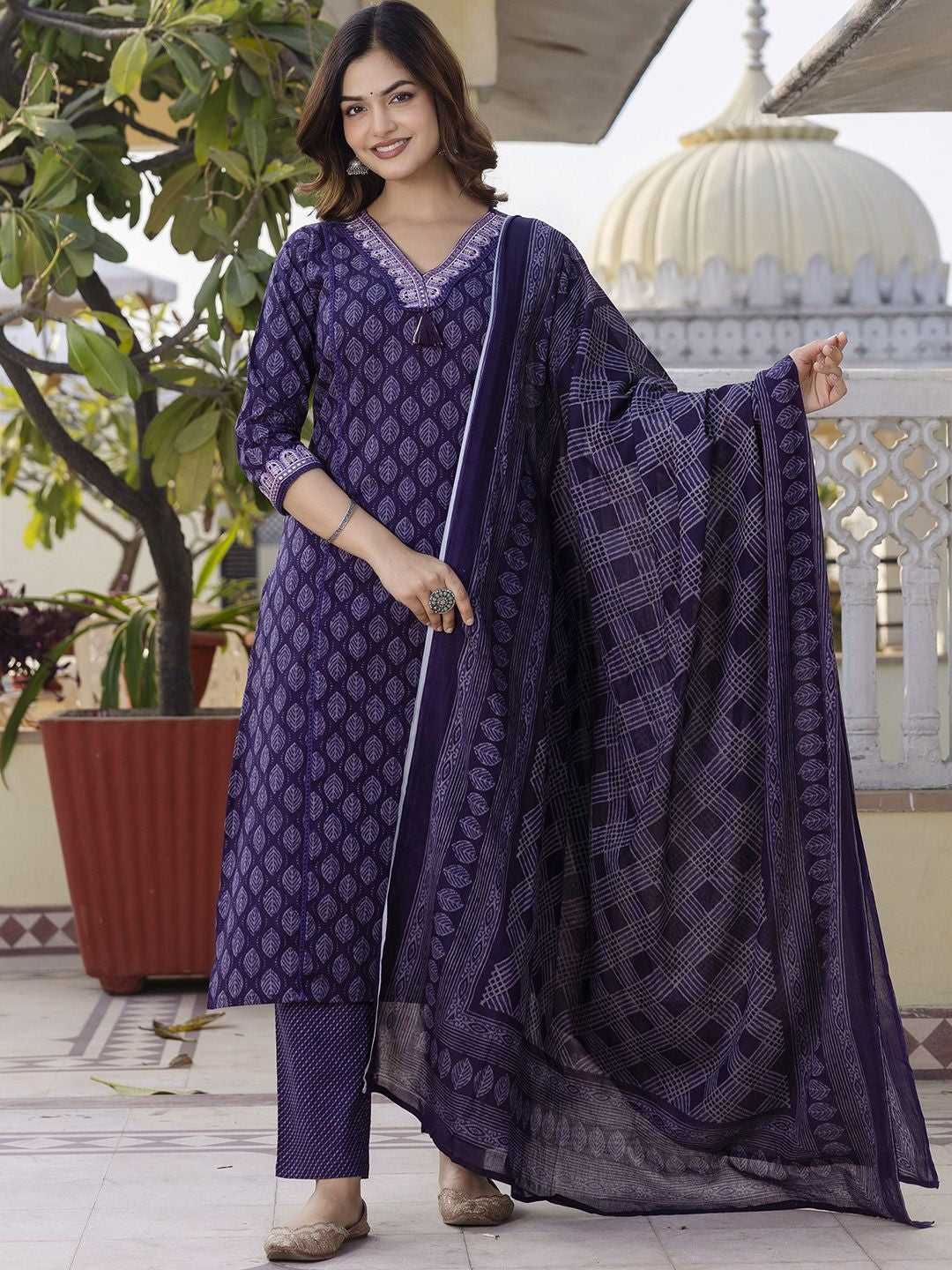 Women's Pure Cotton Printed Handwork Kurta with Pants & Dupatta Set (Buy 1 Get 1 Free
