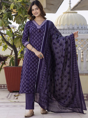 Women's Pure Cotton Printed Handwork Kurta with Pants & Dupatta Set (Buy 1 Get 1 Free