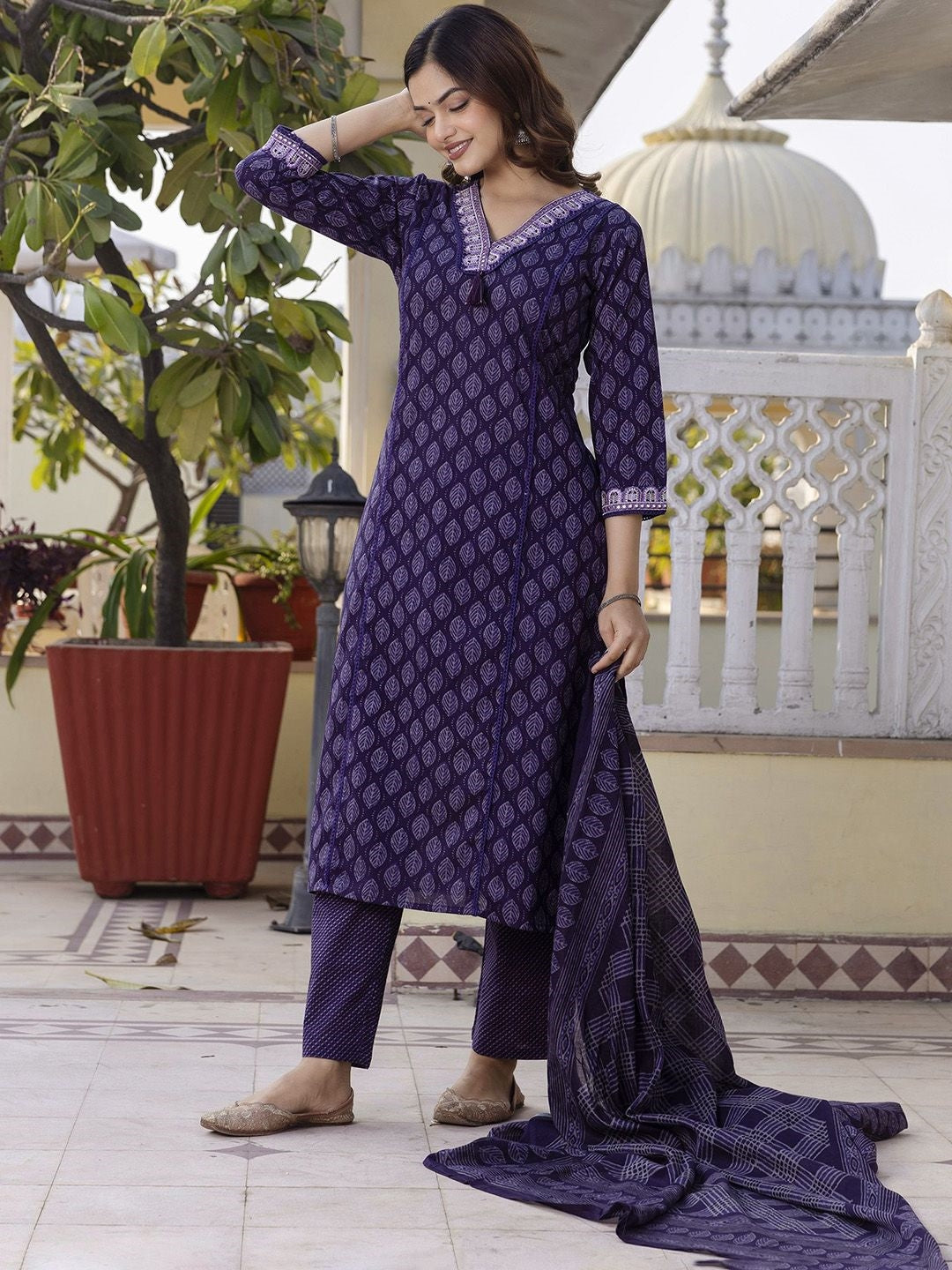 Women's Pure Cotton Printed Handwork Kurta with Pants & Dupatta Set (Buy 1 Get 1 Free