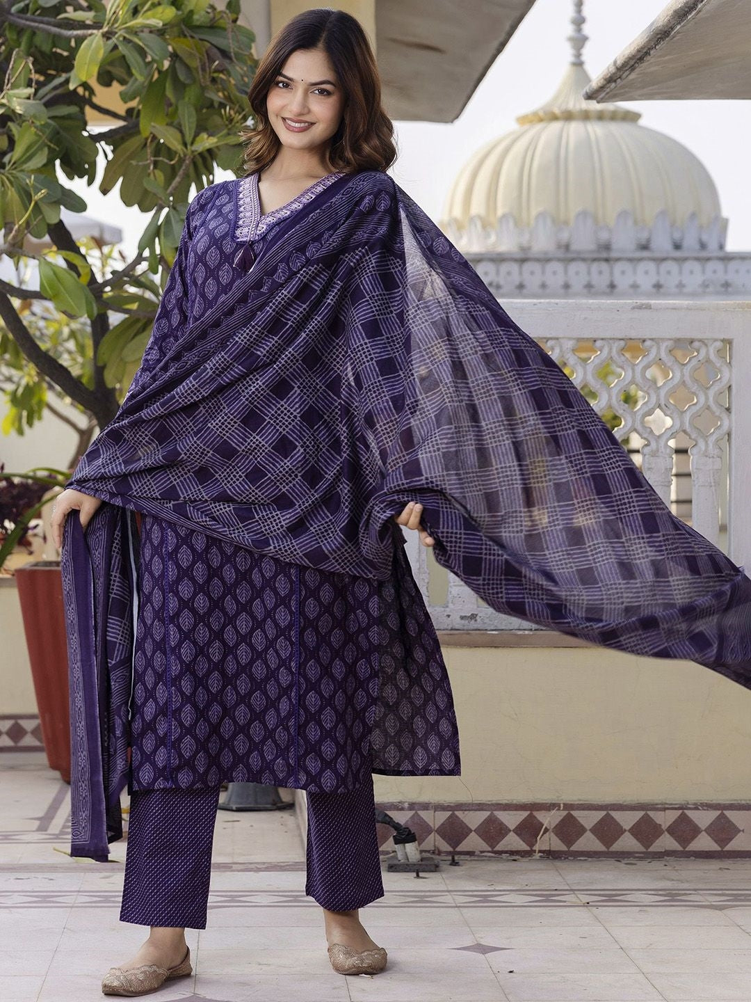 Women's Pure Cotton Printed Handwork Kurta with Pants & Dupatta Set (Buy 1 Get 1 Free