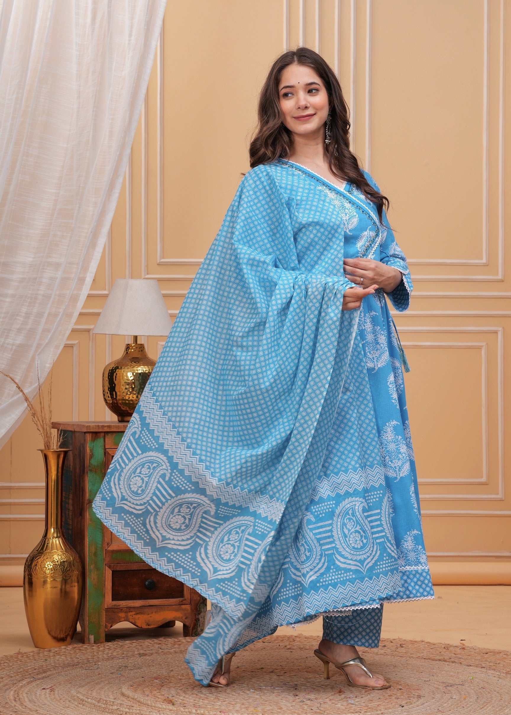 Printed Anarkali Pure Cotton Kurta with Trousers & with Dupatta (Buy 1 Get 1 Free )