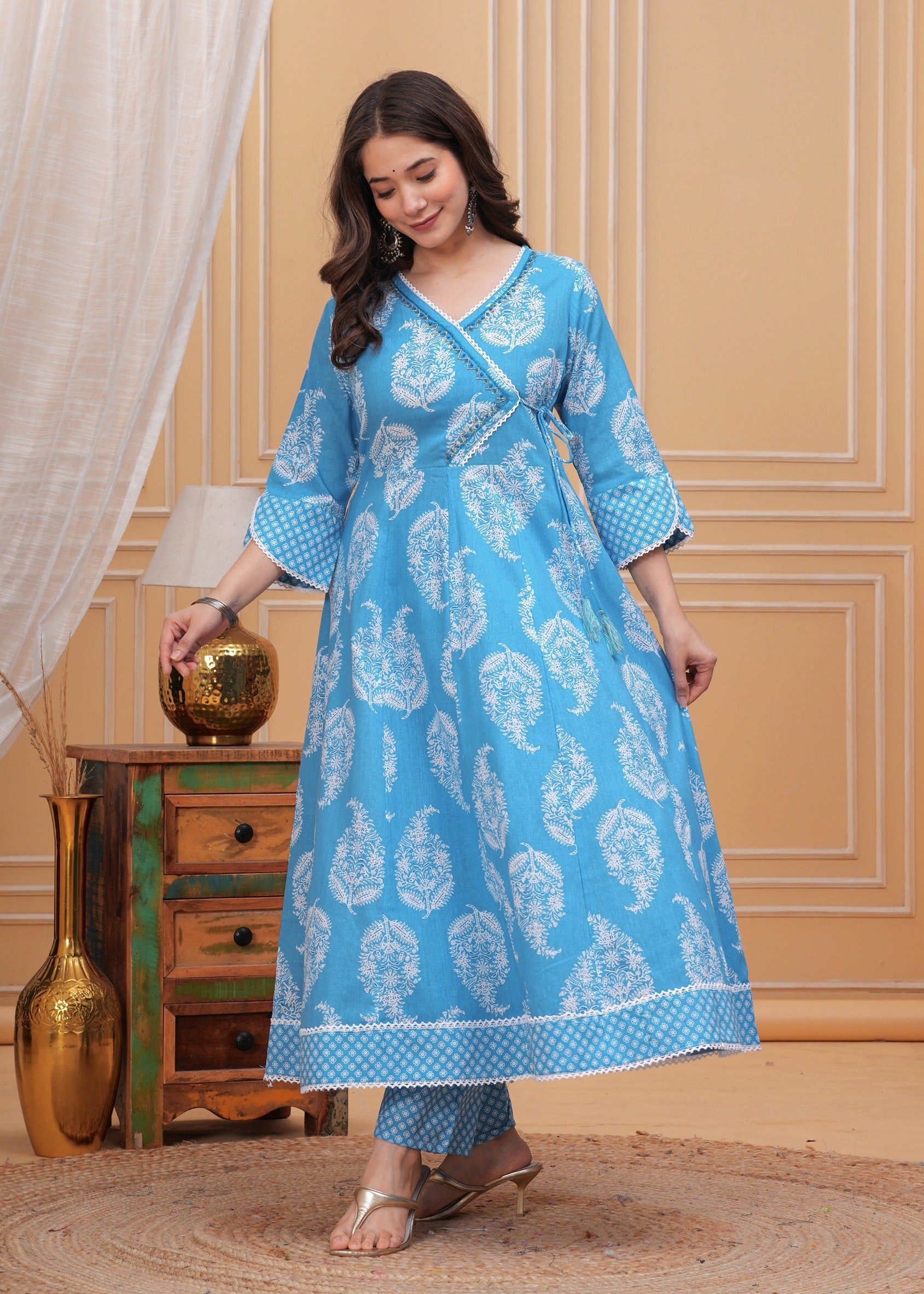 Printed Anarkali Pure Cotton Kurta with Trousers & with Dupatta (Buy 1 Get 1 Free )