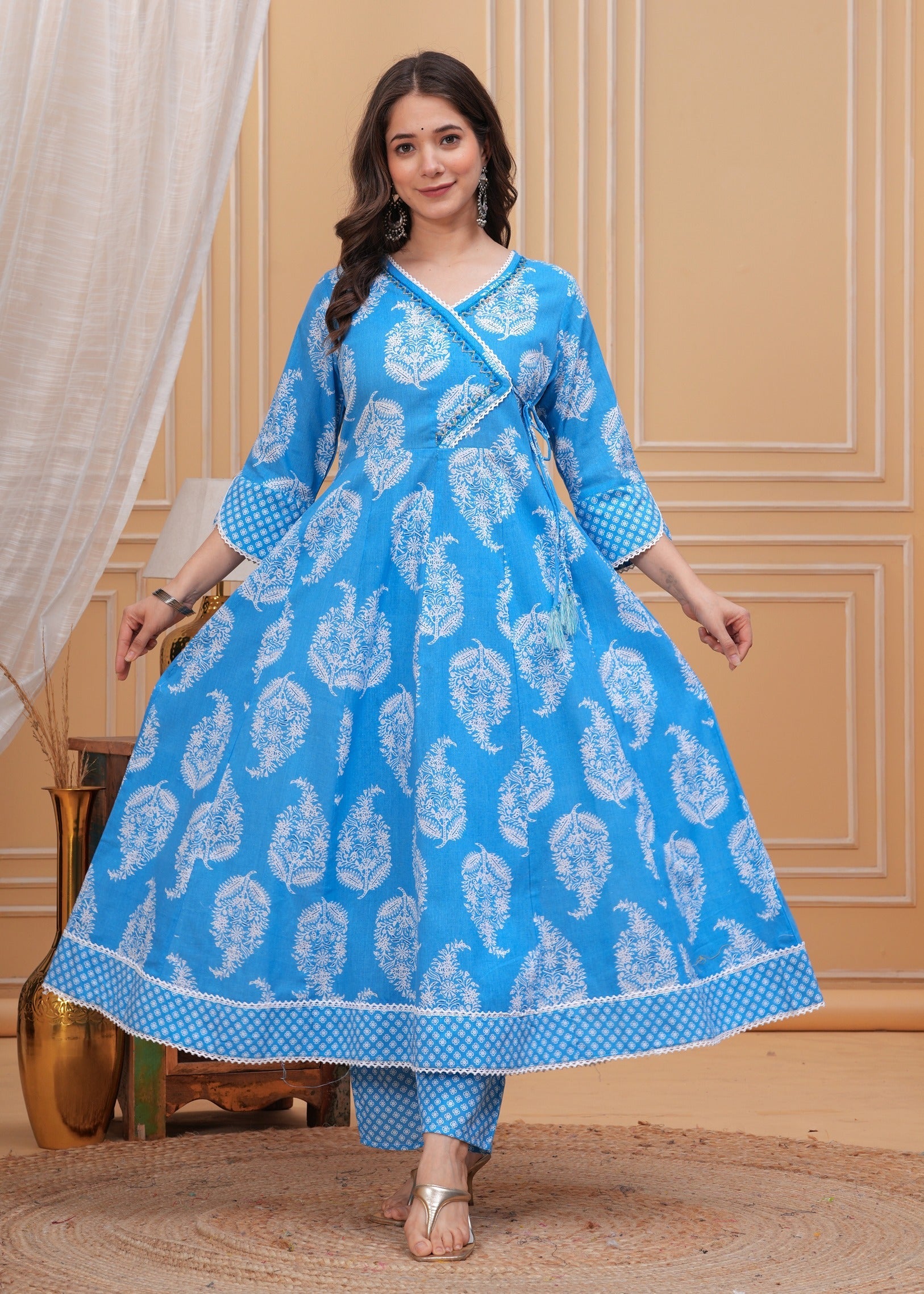Printed Anarkali Pure Cotton Kurta with Trousers & with Dupatta (Buy 1 Get 1 Free )