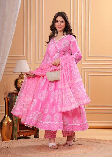 Pink Printed Anarkali Pure Cotton Kurta with Trousers & with Dupatta (Buy 1 Get 1 Free ) (Copy)