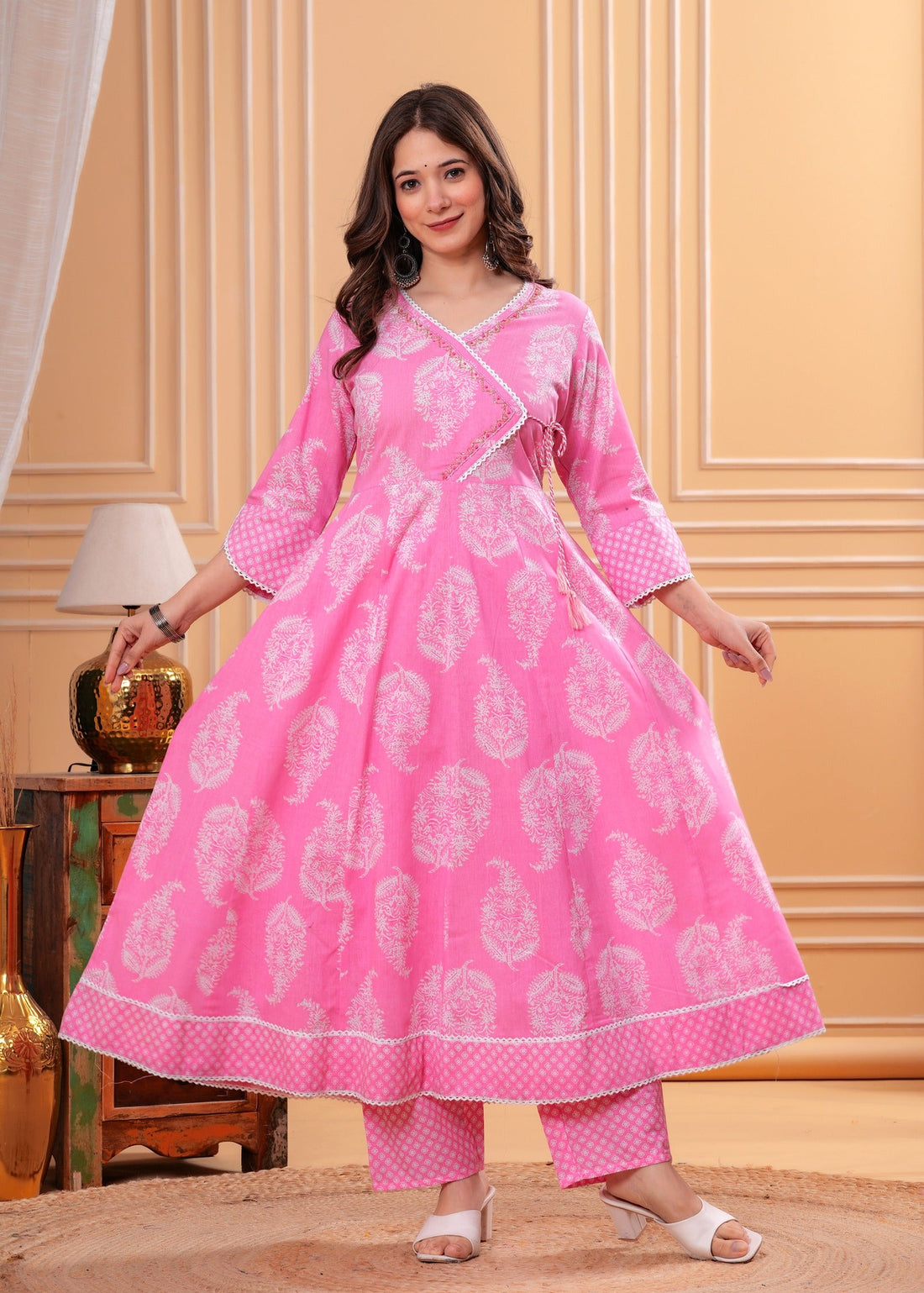 Pink Printed Anarkali Pure Cotton Kurta with Trousers & with Dupatta (Buy 1 Get 1 Free ) (Copy)