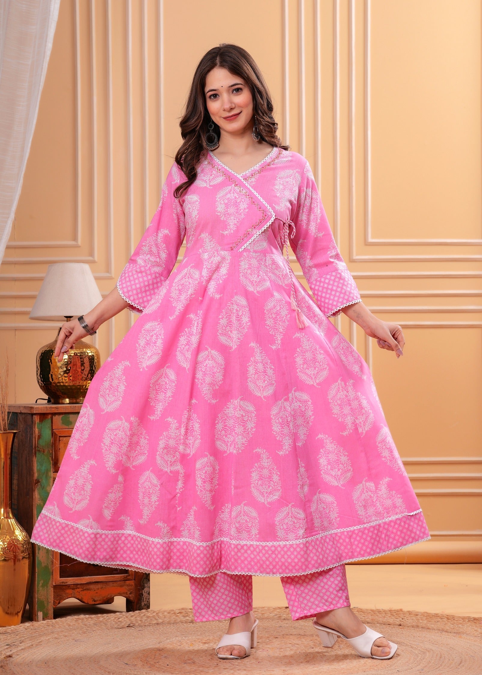 Pink Printed Anarkali Pure Cotton Kurta with Trousers & with Dupatta (Buy 1 Get 1 Free ) (Copy)