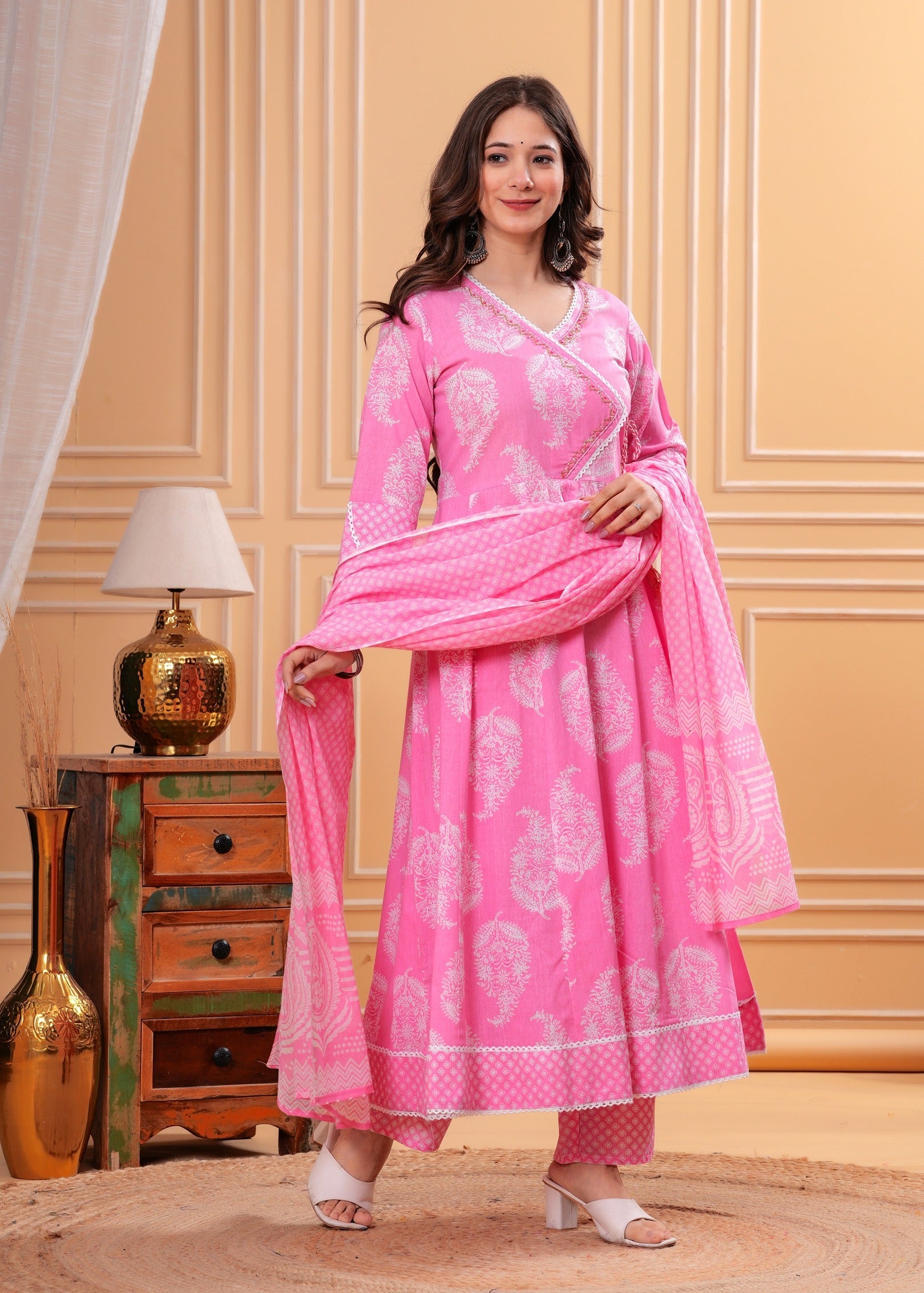 Pink Printed Anarkali Pure Cotton Kurta with Trousers & with Dupatta (Buy 1 Get 1 Free ) (Copy)