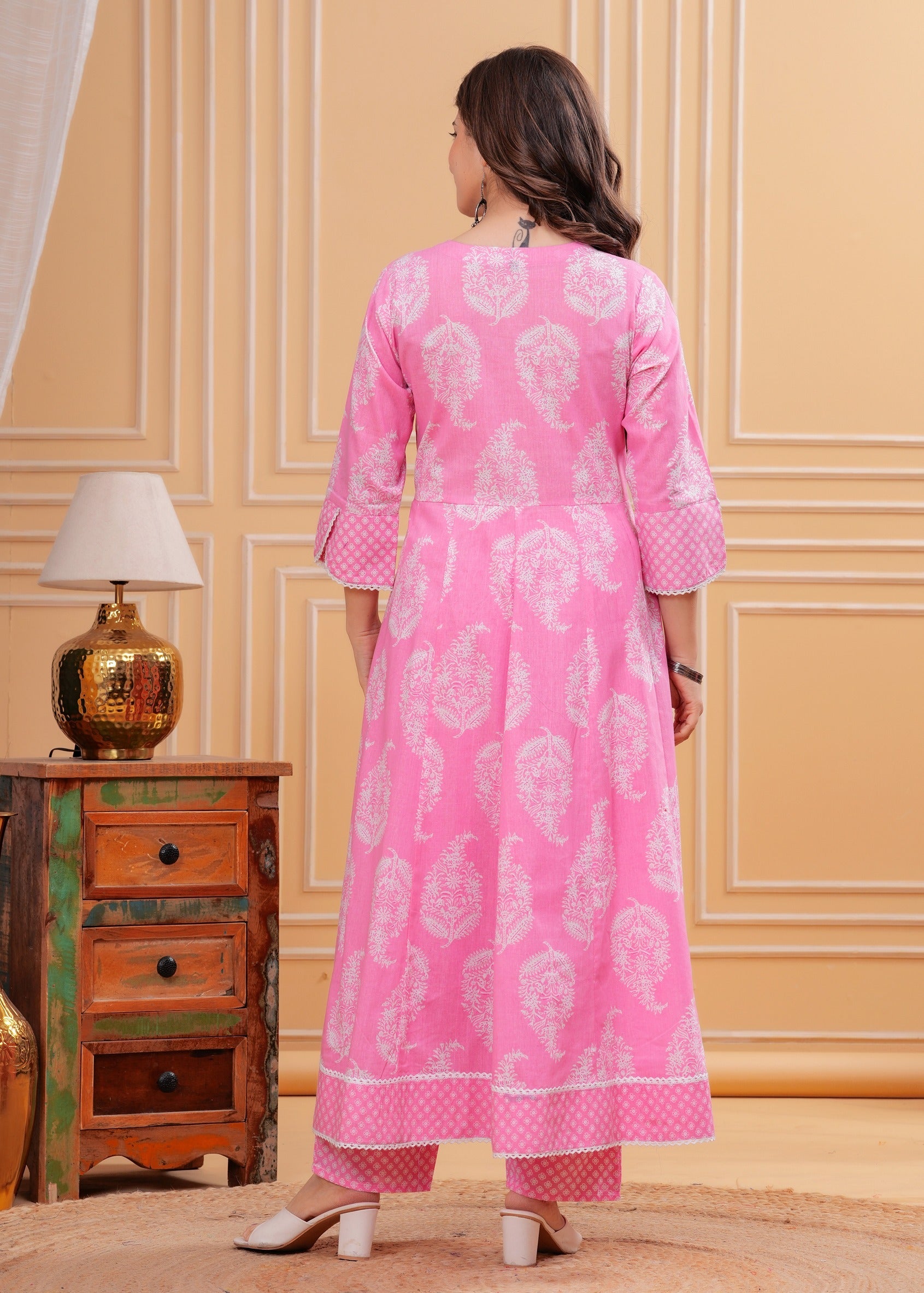Pink Printed Anarkali Pure Cotton Kurta with Trousers & with Dupatta (Buy 1 Get 1 Free ) (Copy)