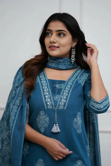 Women's Pure Cotton Printed with Handwork Kurta with Pants and Dupatta Set  (Buy 1 Get 1 Free )