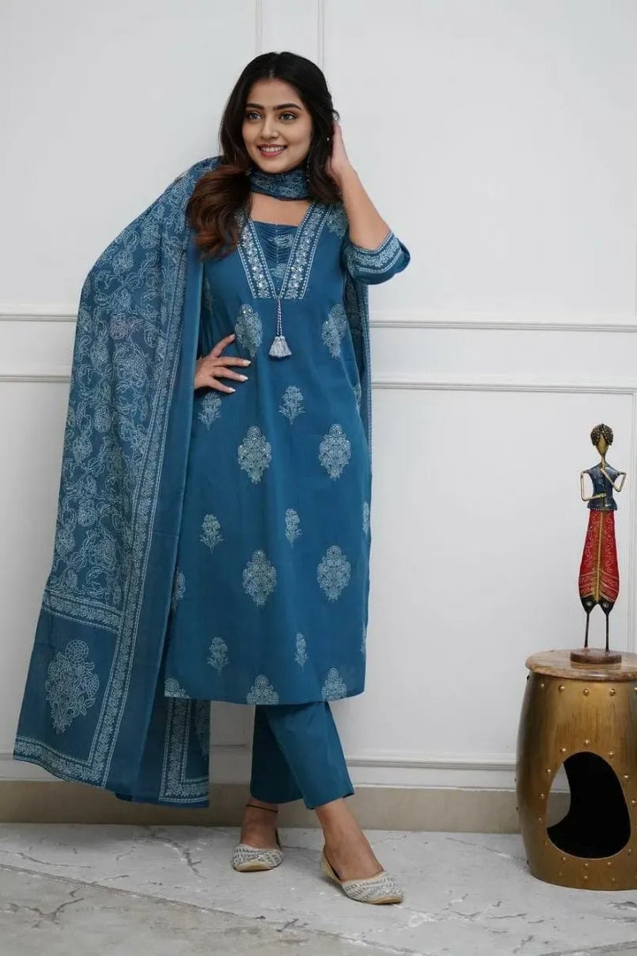 Women's Pure Cotton Printed with Handwork Kurta with Pants and Dupatta Set  (Buy 1 Get 1 Free )