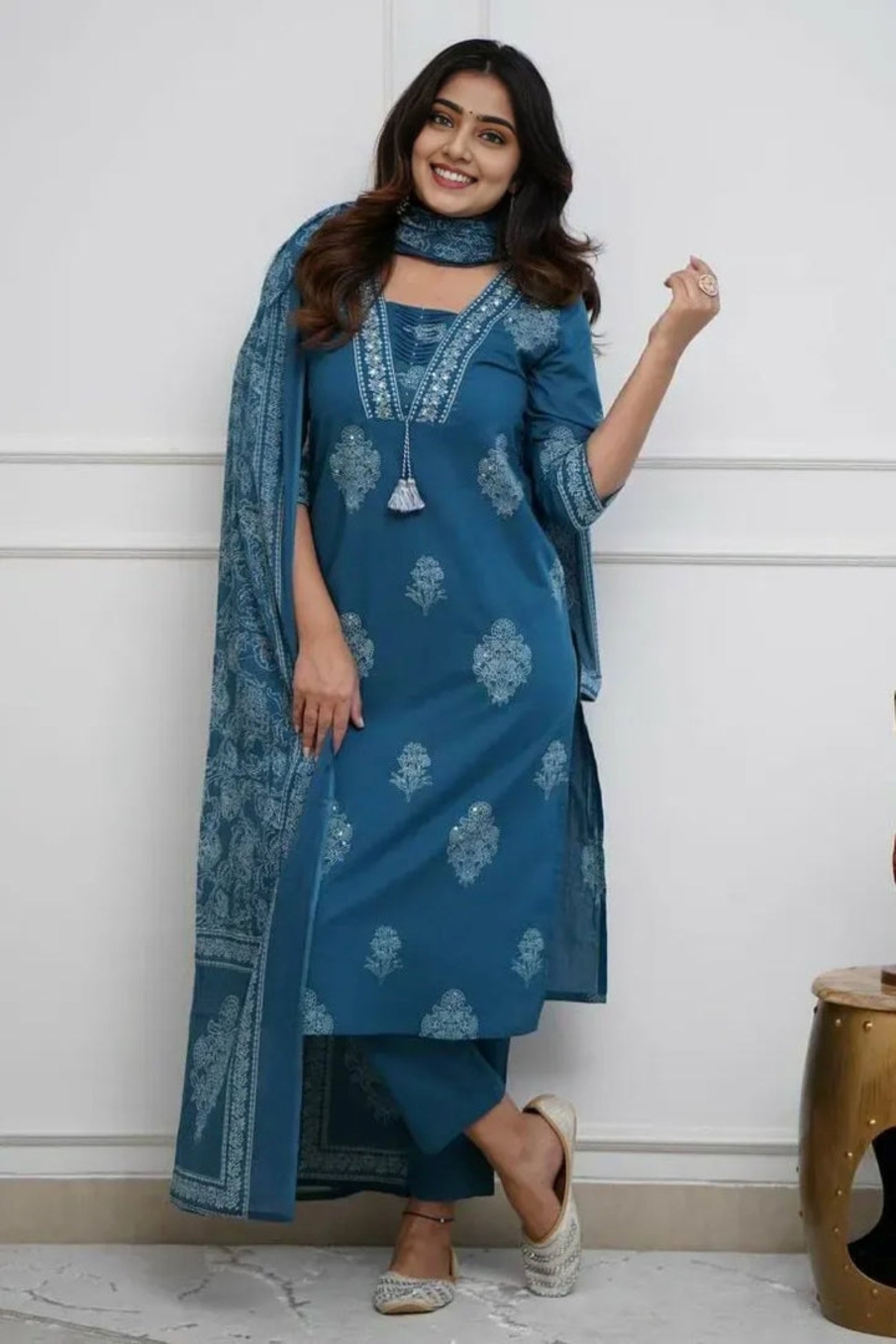 Women's Pure Cotton Printed with Handwork Kurta with Pants and Dupatta Set  (Buy 1 Get 1 Free )