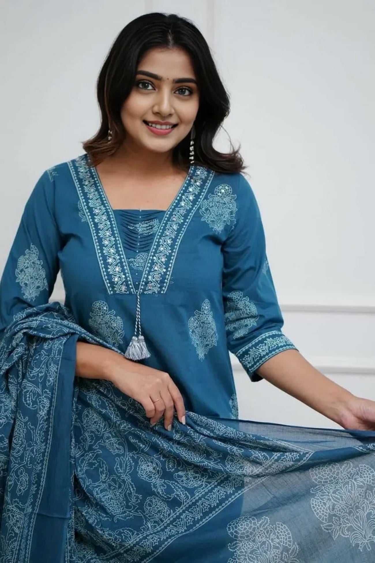 Women's Pure Cotton Printed with Handwork Kurta with Pants and Dupatta Set  (Buy 1 Get 1 Free )