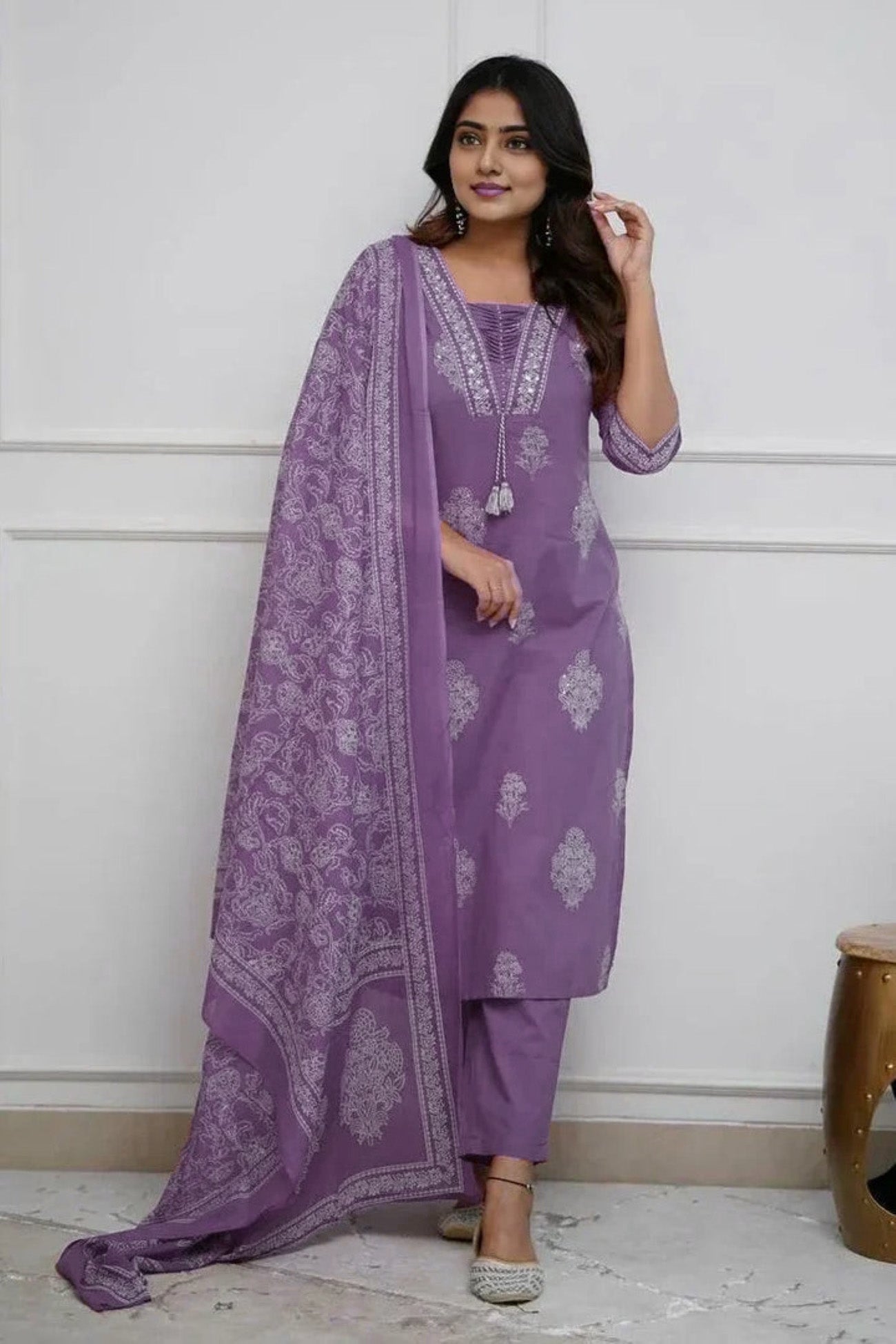 purpal Women's Pure Cotton Printed with Handwork Kurta with Pants and Dupatta Set  (Buy 1 Get 1 Free ) (Copy) (Copy)
