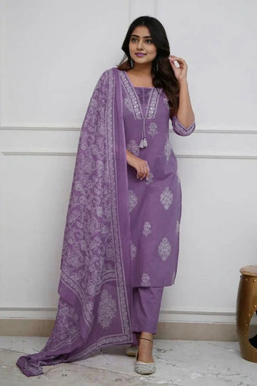 purpal Women's Pure Cotton Printed with Handwork Kurta with Pants and Dupatta Set  (Buy 1 Get 1 Free ) (Copy) (Copy)