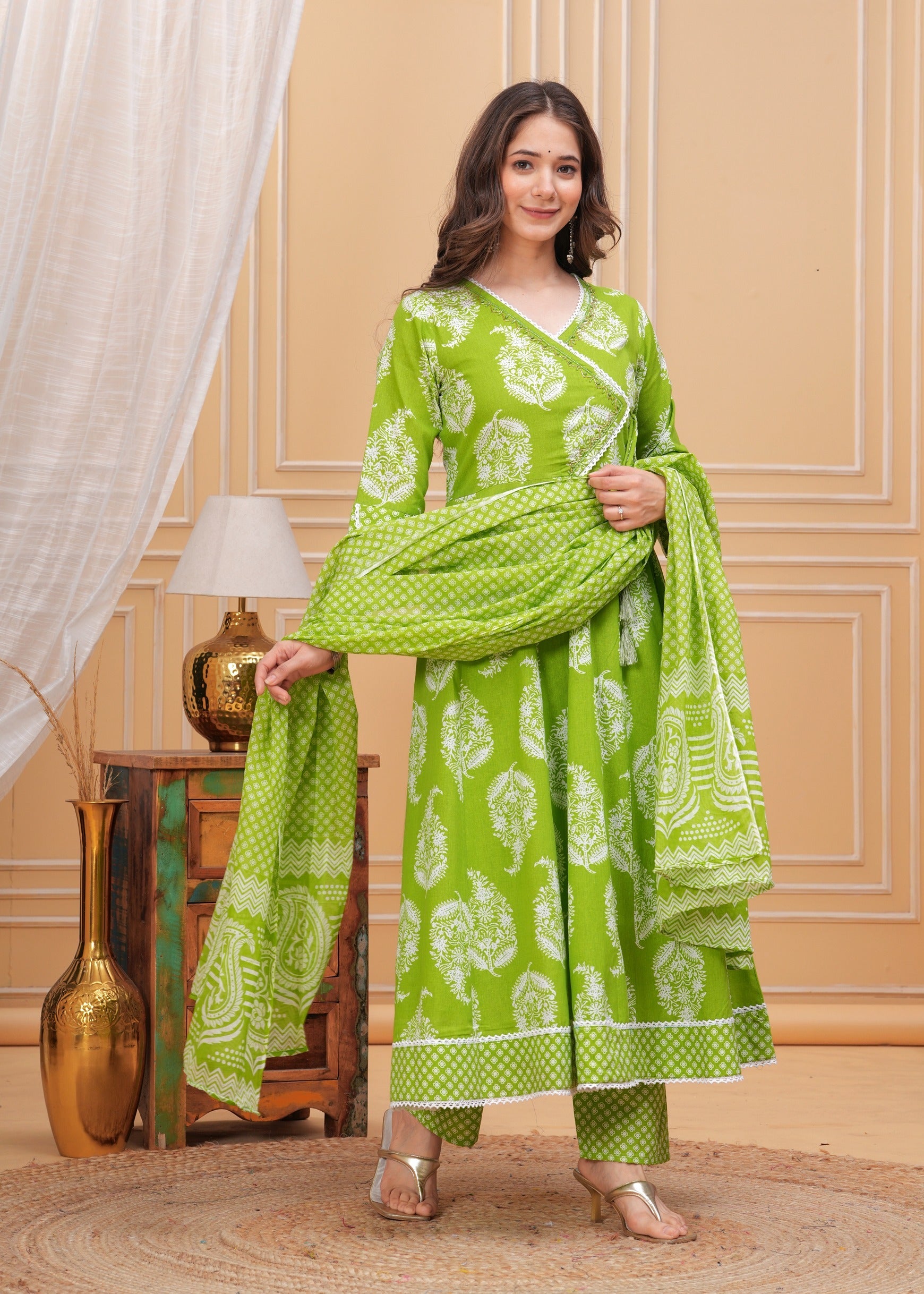 Green Anarkali Pure Cotton Kurta with Trousers & with Dupatta (Buy 1 Get 1 Free )